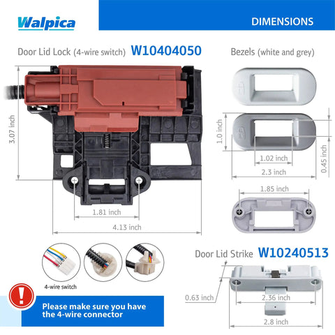 Top Load Washer Lid Lock Replacement Kit Fits Maytag Centennial Kenmore Whirlpool Cabrio Includes 4 Wire Switch Door Strike Bezels and Easy Install Instructions with dimensions and parts shown