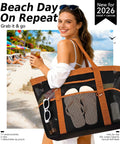 Person holding Spacious Beach Tote With Mesh And Canvas Construction, Top Zipper For Secure Access, Eleven Pockets With Detachable Pouch.