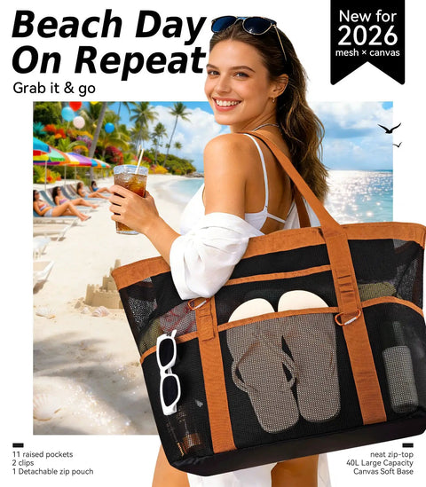 Person holding Spacious Beach Tote With Mesh And Canvas Construction, Top Zipper For Secure Access, Eleven Pockets With Detachable Pouch.