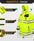 Torrent Class 3 Safety Rain Jacket ANSI Tested OSHA HiVis Reflective Coat Waterproof Weatherproof Rain Gear Hideaway Hood Yellow Large with ID Pocket and Dual Zippered Pockets