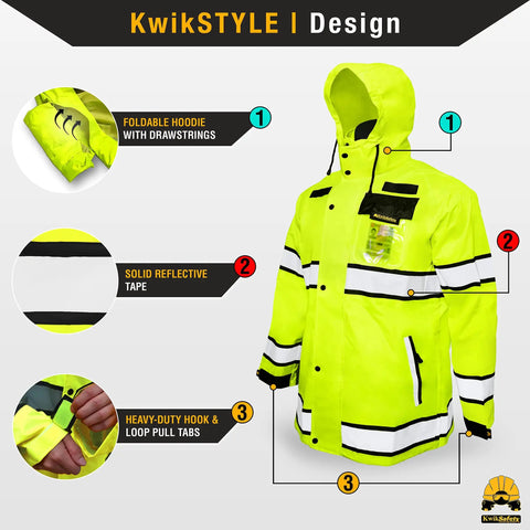 Torrent Class 3 Safety Rain Jacket ANSI Tested OSHA HiVis Reflective Coat Waterproof Weatherproof Rain Gear Hideaway Hood Yellow Large with ID Pocket and Dual Zippered Pockets