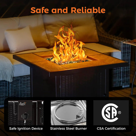 Propane Gas Fire Pit Table 32 Inch Square Outdoor Patio Brown With 50,000 BTU Stainless Steel Burner And Glass Stones