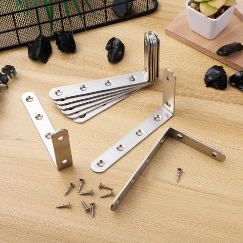 Heavy Duty L Shaped Shelf Brackets For Wood Shelves Stainless Steel 10 Pack on wooden surface with screws