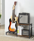 Vintage Brown Guitar Amp Stand With Double Rack For Acoustic Electric Bass And Ukulele Storage Holder Heavy Duty Floor Stand with guitars and amp.