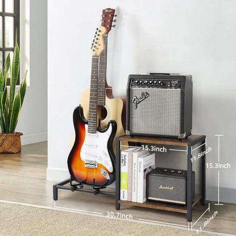 Vintage Brown Guitar Amp Stand With Double Rack For Acoustic Electric Bass And Ukulele Storage Holder Heavy Duty Floor Stand with guitars and amp.