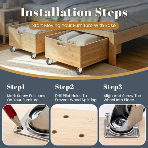 Installation steps for Smooth Operator 1 Inch Silent Rubber 360 Degree Swivel Plate Casters for cabinet table carts.