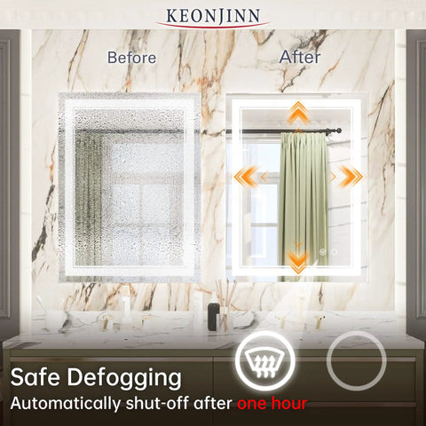 Before and after view of 24 By 32 Inch LED Bathroom Mirror With Dimmable 6000K Front Lit Anti Fog Tempered Glass