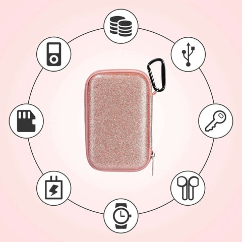 Heavy Duty Fly Pink Glitter MP3 And MP4 Player Case Grab And Go Travel Bag For Ipod Touch, showing zipped pouch with carabiner.