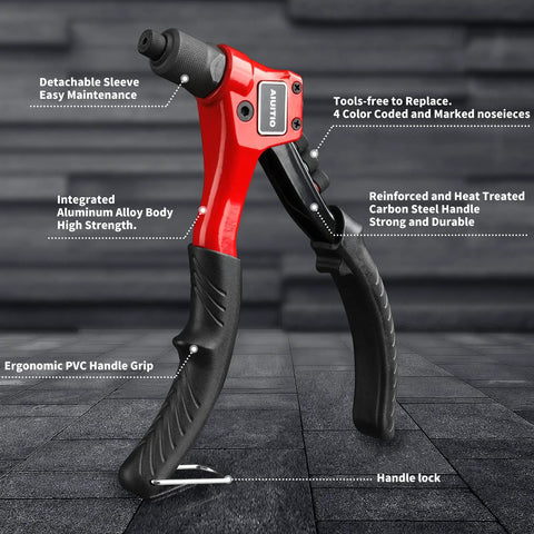Manual Pop Rivet Gun Kit With 200 Aluminum Rivets In Four Sizes And Four Drill Bits For Easy Installation showing ergonomic handle and durable body.