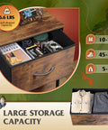 Open drawer of fabric dresser with five drawers and wood top, sturdy steel frame, tall storage chest for bedroom or hallway.