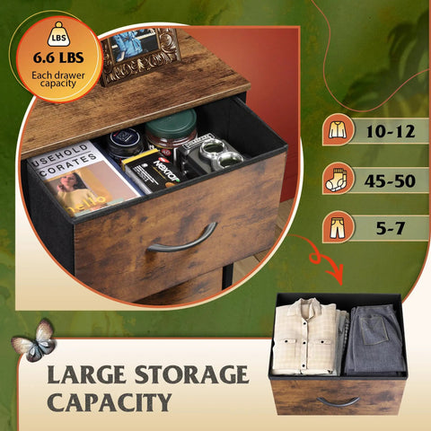 Open drawer of fabric dresser with five drawers and wood top, sturdy steel frame, tall storage chest for bedroom or hallway.