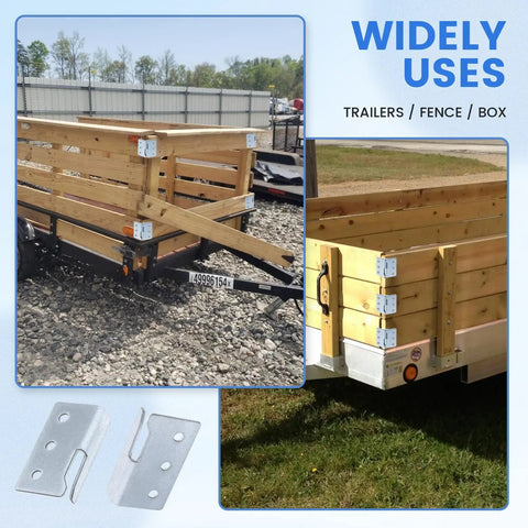 Heavy Duty Trailer Wood Sides Brackets Tailgate Bulkhead Corner Connectors Vehicle Bed Rail Hardware Right Angle Latch Rack Pieces Solid Steel Fittings Built Tough Rig Ready Workhorse on a trailer with wooden sides.
