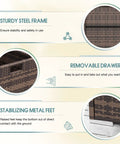 Detailed view of Outdoor Pool Towel Rack And Rattan Wicker Storage Cabinet Shed With Shelves And Drawer Waterproof Patio Organizer No Fuss In Brown, featuring steel frame and removable drawer.