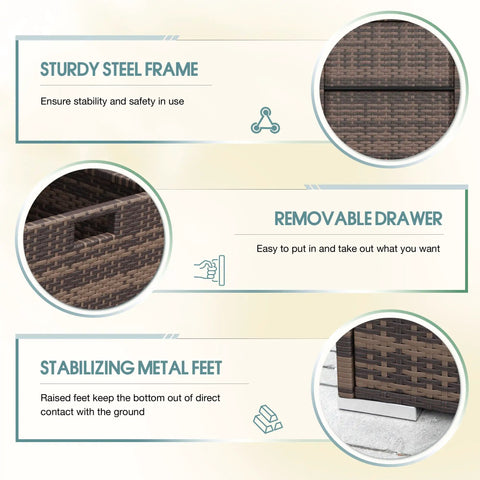 Detailed view of Outdoor Pool Towel Rack And Rattan Wicker Storage Cabinet Shed With Shelves And Drawer Waterproof Patio Organizer No Fuss In Brown, featuring steel frame and removable drawer.