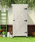Wooden Outdoor Storage Cabinet And Vertical Garden Tool Shed With Waterproof Metal Roof And Two Adjustable Shelves Ideal For Yard Patio Deck And Porch Gray 20 By 24 By 48 Inches in garden setting.