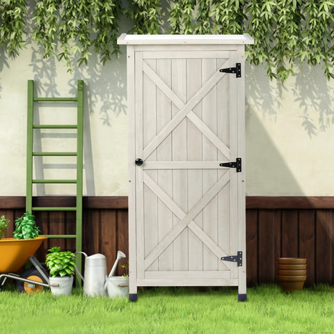 Wooden Outdoor Storage Cabinet And Vertical Garden Tool Shed With Waterproof Metal Roof And Two Adjustable Shelves Ideal For Yard Patio Deck And Porch Gray 20 By 24 By 48 Inches in garden setting.