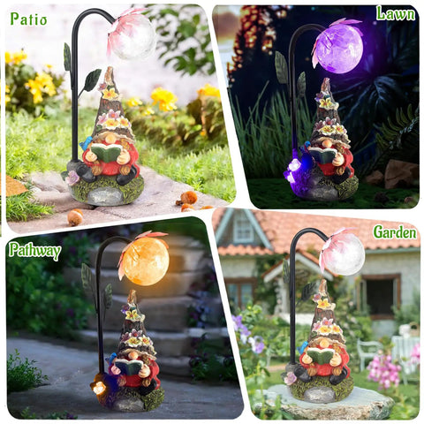 Collage of Colorful Gradient Solar LED Garden Gnome Statue, showing different lighting effects and settings in a garden, patio, and pathway.