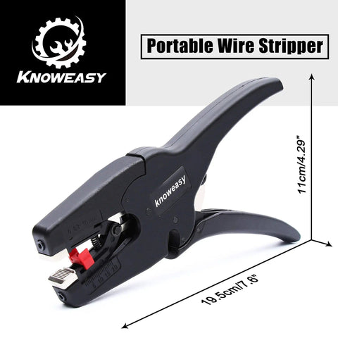 2 In 1 Wire Stripping Tool With Cutter for Electronics and Automotive Wiring, side view showing measurement and Knoweasy logo.