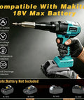 Beefed Up Cordless Rivet Gun With Brushless Power Automatic Pop Rivet Tool For 18V Max Batteries held by gloved hands