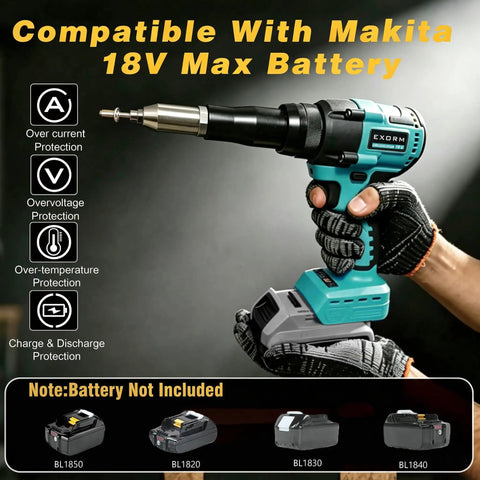 Beefed Up Cordless Rivet Gun With Brushless Power Automatic Pop Rivet Tool For 18V Max Batteries held by gloved hands
