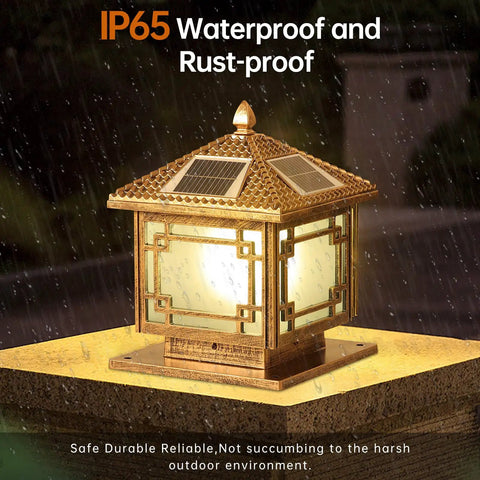 Solar Post Lights With Remote Control Energy Saving LED Column Lamp Outdoor Waterproof IP55 Bronze Pillar Lantern
