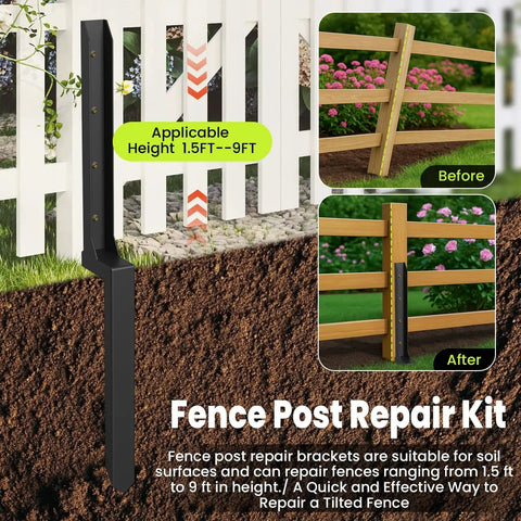 2 Pack Heavy Duty Fence Post Repair Kit For 4x4 And 6x6 Wood Or Metal Posts With Thickened Steel Anchor and stakes in use.