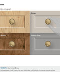 Classic Zinc Cabinet Knob One And A Quarter Inch Diameter in burnished brass finish displayed on various cabinet finishes