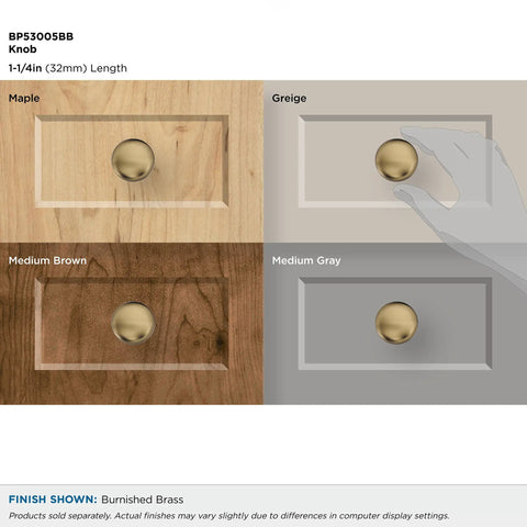 Classic Zinc Cabinet Knob One And A Quarter Inch Diameter in burnished brass finish displayed on various cabinet finishes