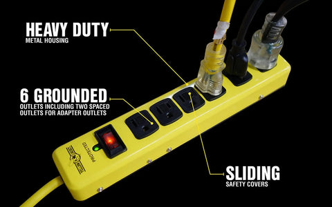 Beefy Metal Surge Protector Strip With Six Outlets And 15 Foot Yellow Cord, showing heavy-duty metal housing and plugged cords.
