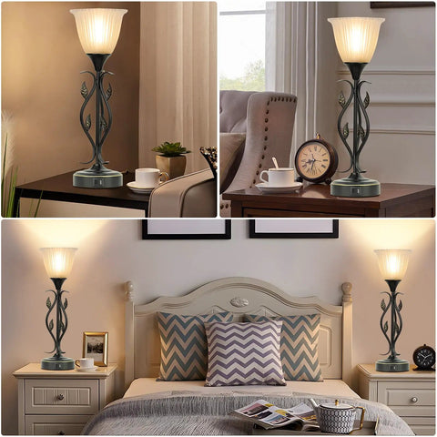 Set Of 2 Touch Control Table Lamps With 3 Way Dimmable Torchiere Lighting, Dual USB Charging Ports, Rustic Leaf Body And Glass Shade, Vintage Bronze Finish For Living Room Or Bedroom, LED Bulbs Included, displayed in a living room and bedroom setting.