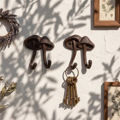 Straight Up Legit Mushroom Wall Hooks Set Of Two Heavy Duty Cast Iron Coat Hangers With Antique Black Finish, displaying keys.