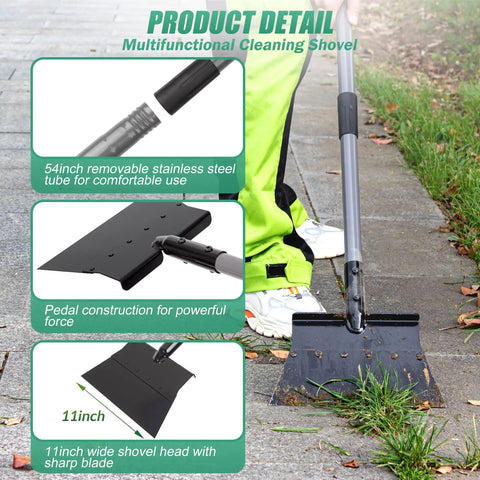 Garden Flat Shovel With 12 Inch Wide Blade And 54 Inch Adjustable Handle Heavy Duty Outdoor Floor Scraper and multitool in use