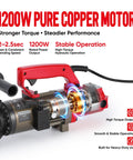 Image of the 1200W Electric Hydraulic Rebar Bender featuring a pure copper motor for high torque and stable operation.