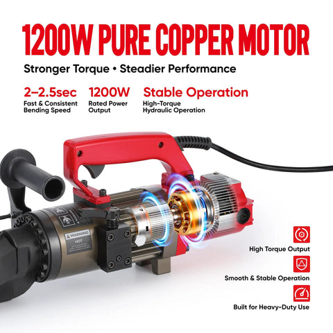 Image of the 1200W Electric Hydraulic Rebar Bender featuring a pure copper motor for high torque and stable operation.