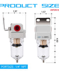 One Quarter Inch NPT Compressed Air Line Filter With Five Micron Brass Element Bracket Poly Bowl Semi Auto Drain 145 Psi Max