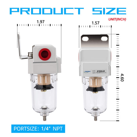One Quarter Inch NPT Compressed Air Line Filter With Five Micron Brass Element Bracket Poly Bowl Semi Auto Drain 145 Psi Max