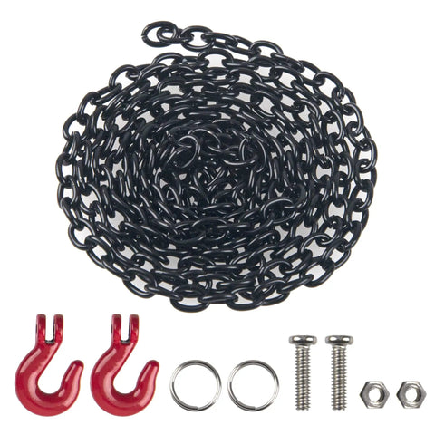 Mini Metal Trailer Chain With Tow Hook RC Car Decoration For 1x10 Scale Crawlers And Trucks Like Axial SCX10 D90 TRX4 CC01 RC4WD HSP 94180 Black Red Metal Accessory For Realistic Rugged Look, coiled black chain with red hooks and metal parts.