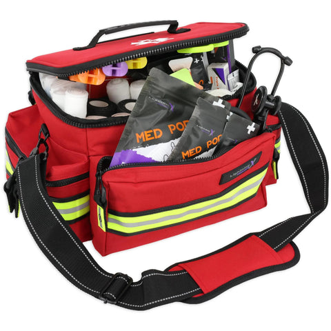 Lightning X mid-sized EMT bag, red with reflective stripes, open showing stocked EMS supplies and stethoscope.