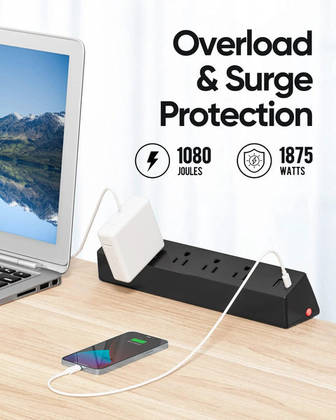 8 In 1 Desk Clamp Power Strip With USB-C PD 20W Fast Charging, Plug And Play, 2 USB-C, 2 USB-A, 4 AC Outlets, flat plug, 6 ft cord