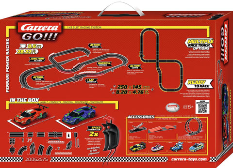 Back of Ferrari Power Racing Slot Car Track Set With Electric Power, 2 Hand Controllers And 2 Cars, 1:43 Scale box.