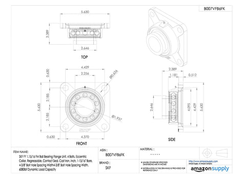 Heavy Duty Cast Iron Flanged Ball Bearing Unit With Standard Inch Bore And Eccentric Locking Collar, detailed dimensions view.
