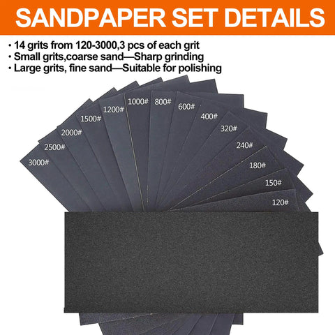 Wet And Dry Sandpaper Set With 42 Sheets From 120 To 3000 Grit Includes Sanding Block Pro Grade Finish For Wood Metal Automotive