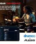 Man playing Nitro Ultimate Electric Drum Set With Dual Zone Quiet Mesh Pads, screen showing Drumeo and Alesis collaboration.