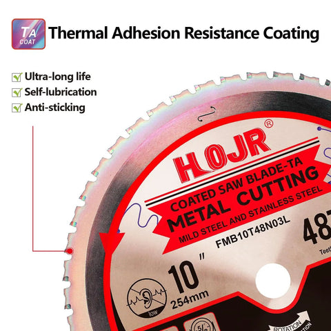 10 Inch Metal Cutting Circular Saw Blade For Steel And Stainless Steel With Anti Heat Sticking Coating 48 Teeth 1 Inch Arbor Thin Kerf 0.075 Inch Plate 0.063 Inch Durable Long Life High Finish Pro Grade Heavy Duty display with thermal adhesion resistance coating details