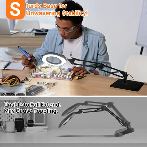 Man using 10X Magnifying Glass With Light And Stand, 84 LEDs, 2 In 1 Magnifier Lamp With Clamp for electronics work.