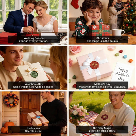 Various occasions showing the use of M Wax Seal Stamp Kit with envelopes and packages, featuring copper M stamp and wax beads.