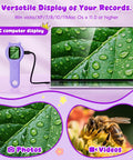 Portable Kids Microscope With 2 Inch Screen And 1080P Autofocus displaying leaf, bee photo, and video on PC. "STEM Outdoor Science Kit. Purple."