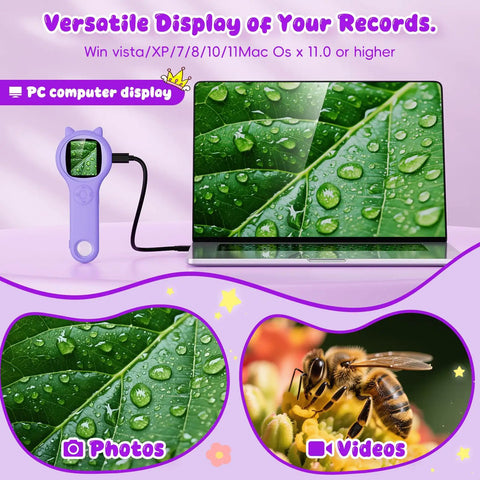 Portable Kids Microscope With 2 Inch Screen And 1080P Autofocus displaying leaf, bee photo, and video on PC. "STEM Outdoor Science Kit. Purple."