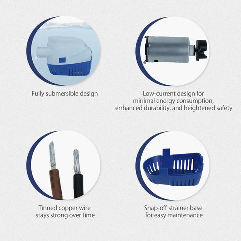 12V 1100GPH Automatic Bilge Pump for Boats with Float Switch showing submersible design, tinned wire, and strainer base
