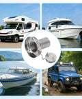 Keyless Marine Gas Cap 1-1/2 Inch For Marine Fuel Tank Filler Neck, Mirror Polished 316 Stainless Steel shown with boats and RVs